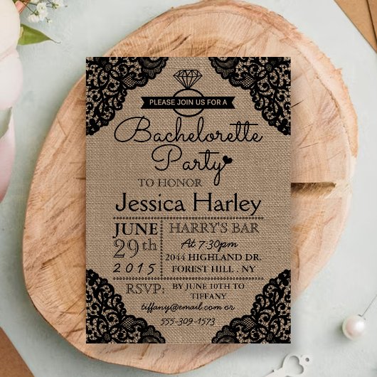 Rustic Burlap & Black Lace Bachelorette Party Kaart
