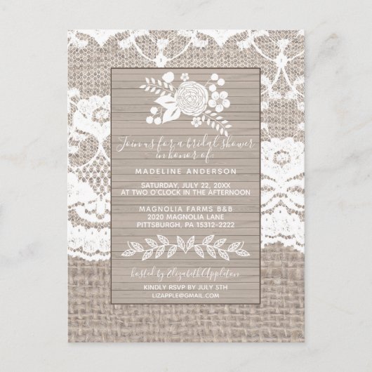 Rustic Burlap Bridal Shower Invitation Briefkaart (Voorkant)