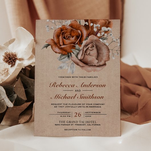 Rustic Burlap Burnt Oranje Roos Terracotta Wedding Kaart