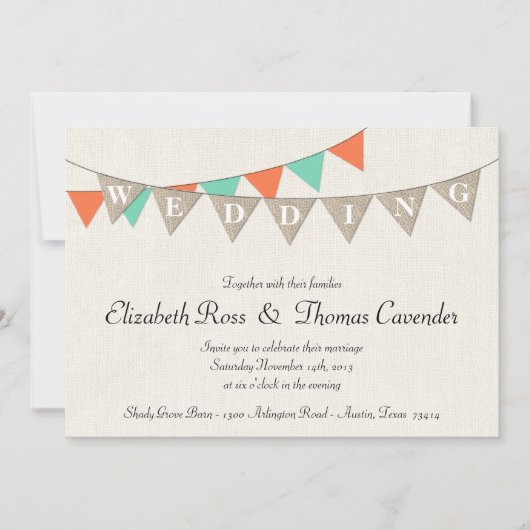 Rustic Burlap Coral Pennant Wedding Invitation Kaart (Voorkant)