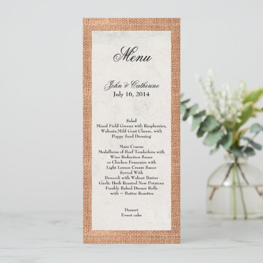Rustic Burlap Custom Wedding Menu (Staand voorkant)