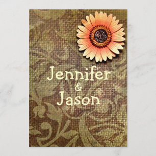 Rustic Burlap Damask Flower Wedding Invitations Kaart