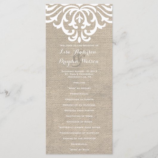 Rustic Burlap Damask Programme de mariage vintage (Devant)