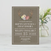 Rustic Burlap Deer Antler Wedding Invitations Kaart (Staand voorkant)