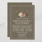 Rustic Burlap Deer Antler Wedding Invitations Kaart (Voorkant / Achterkant)