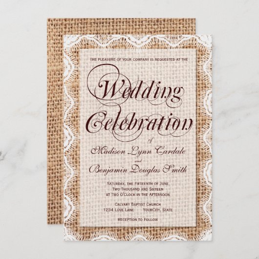 Rustic Burlap Dentelle Mariage Invitations (Devant / Derrière)