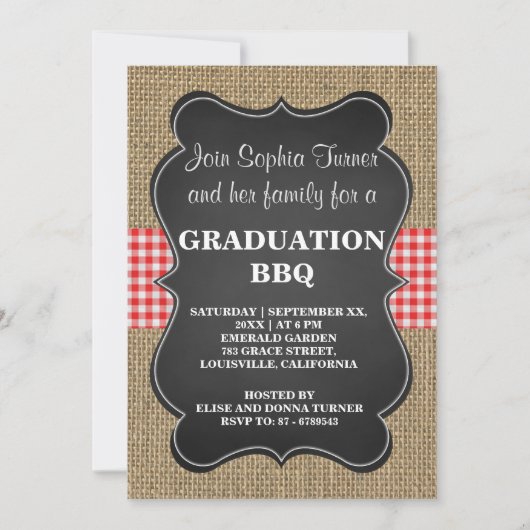Rustic Burlap en Chalkboard AFSTUDEREN BBQ Custom Kaart (Voorkant)