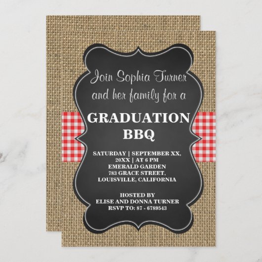 Rustic Burlap en Chalkboard AFSTUDEREN BBQ Custom Kaart (Voorkant / Achterkant)