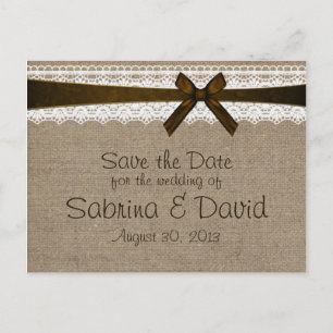 Rustic Burlap en kant opslaan Datum Aankondigingskaart