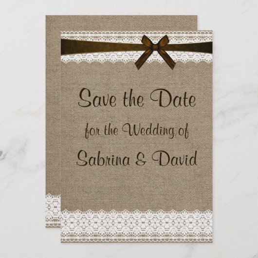 Rustic Burlap en  kant opslaan Datum Save The Date (Voorkant / Achterkant)