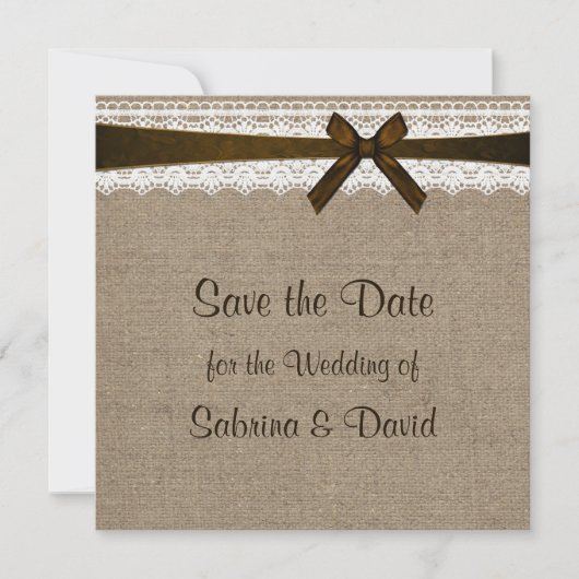Rustic Burlap en kant opslaan Datum Save The Date (Voorkant)