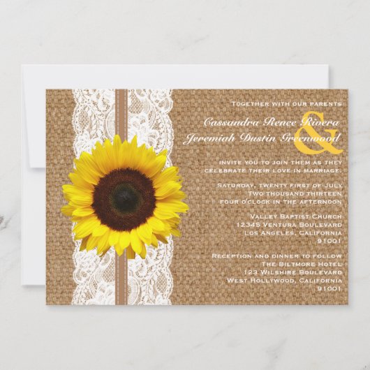 Rustic Burlap en Lace met Sunflower Wedding Kaart (Voorkant)