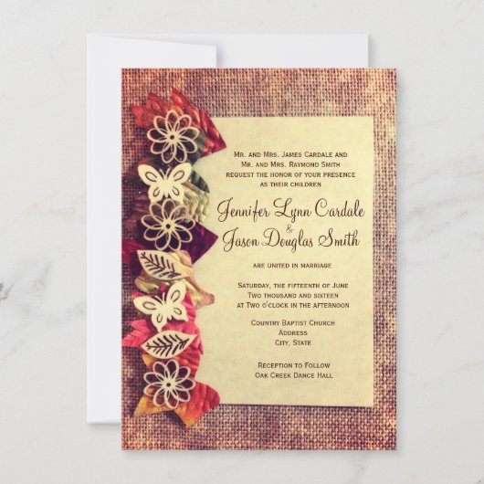 Rustic Burlap en Leaves Fall Wedding Invitations Kaart (Voorkant)