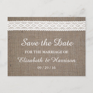 Rustic Burlap en  witte ruimte sparen de datum Aankondigingskaart