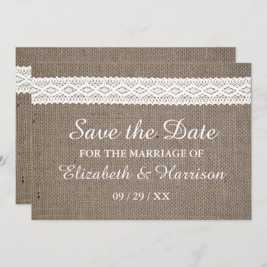 Rustic Burlap en  witte ruimte sparen de datum Save The Date (Voorkant / Achterkant)