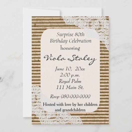 Rustic Burlap et Rose de dentelle 70e Invitation d (Dos)