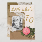 Rustic Burlap et Rose de dentelle 70e Invitation d (Devant / Derrière)