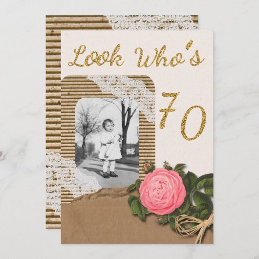 Rustic Burlap et Rose de dentelle 70e Invitation d (Devant / Derrière)