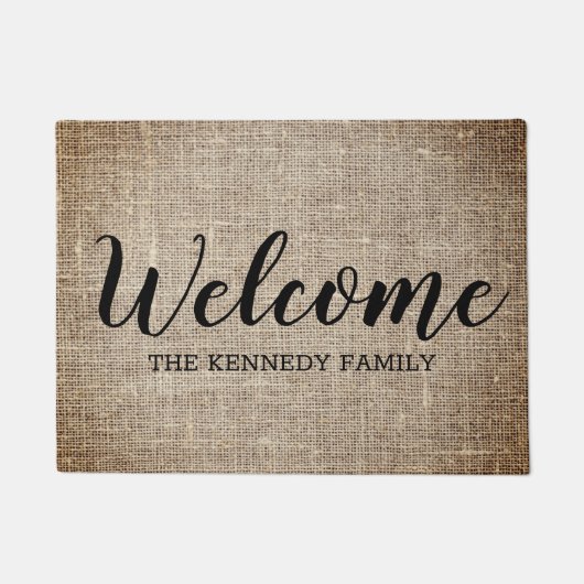 Rustic Burlap Farmhouse Familienaam Welkom Deurmat (Voorkant)