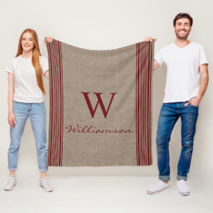 Rustic Burlap Farmhouse Ticking Stripe Monogram Fleece Deken