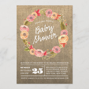Rustic Burlap Floral Wreath Baby shower Invite Kaart