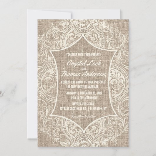 Rustic Burlap  Franse Lace Wedding Invite Kaart (Voorkant)