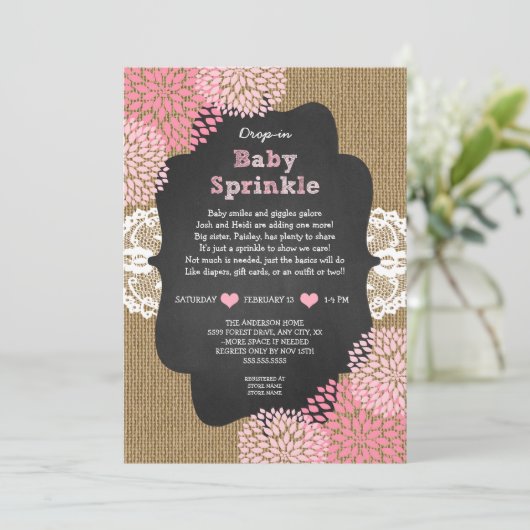 Rustic burlap girl drop-in baby sprinkle kaart (Staand voorkant)