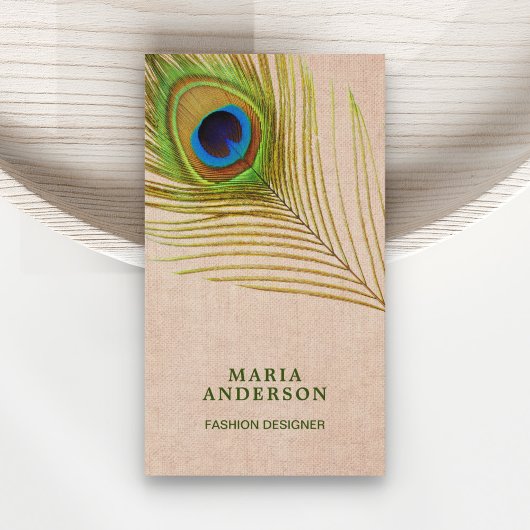 Rustic Burlap Green Indian Peacock Feather Visitekaartje