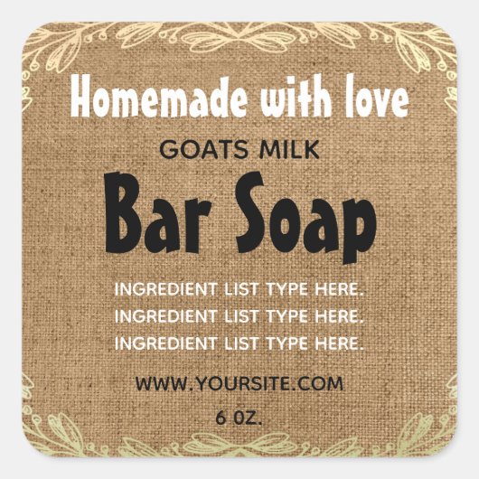 Rustic Burlap Homemade met Love Soap Label (Voorkant)