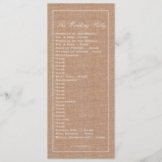 Rustic Burlap Imprimer le programme de mariage (Dos)