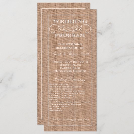 Rustic Burlap Imprimer le programme de mariage (Devant / Derrière)