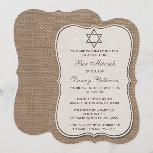 Rustic Burlap joodse ster van David Bar Mitzvah Kaart (Voorkant / Achterkant)