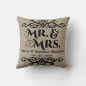 Rustic Burlap Kijk Mr en Mrs Wedding Kussen (Achterkant)