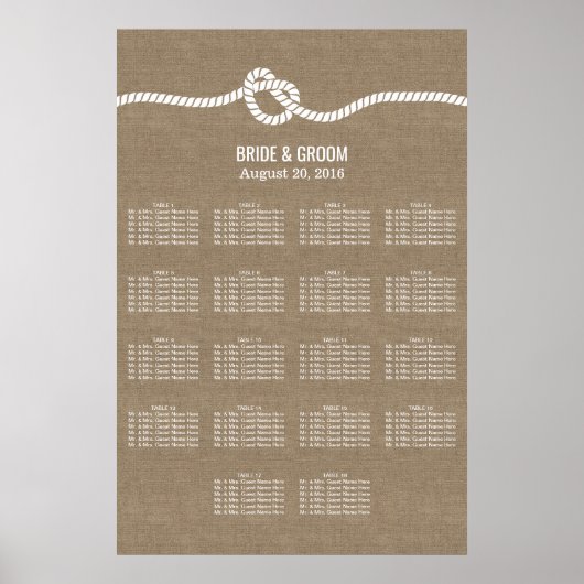 Rustic Burlap Knot 18 Tables Wedding Seating Chart Poster (Voorkant)