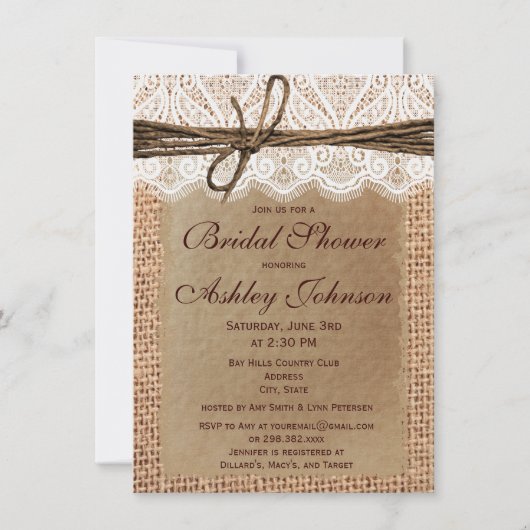 Rustic Burlap Lace Bridal Shower Invitations Kaart (Voorkant)