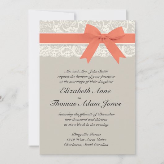 Rustic Burlap Lace Coral Gray Wedding Invitation Kaart (Voorkant)