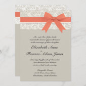 Rustic Burlap Lace Coral Gray Wedding Invitation Kaart (Voorkant / Achterkant)