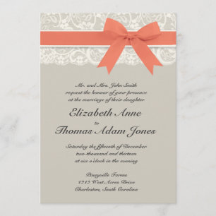 Rustic Burlap Lace Coral Gray Wedding Invitation Kaart