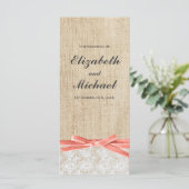 Rustic Burlap Lace Coral Programme de mariage au r (Debout devant)