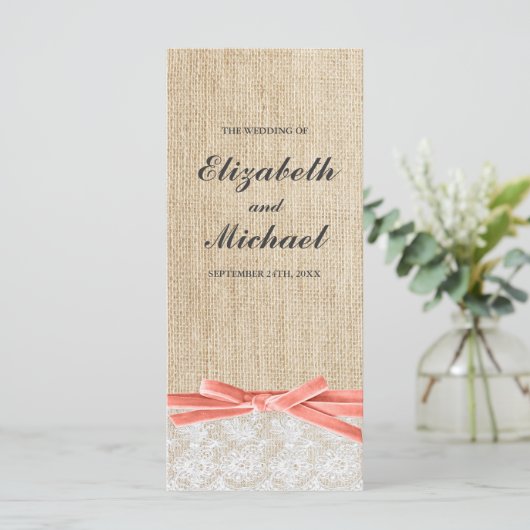 Rustic Burlap Lace Coral Programme de mariage au r (Debout devant)