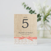 Rustic Burlap Lace Coral Ribbon Tafelnummer (Staand voorkant)