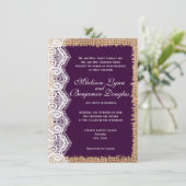 Rustic Burlap Lace Dark Paarse Wedding Invitations Kaart (Staand voorkant)