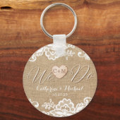 Rustic Burlap Lace en Wood Heart Name Initialen Sleutelhanger (Voorkant)