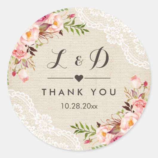 Rustic Burlap Lace Floral Wedding Favor Ronde Sticker (Voorkant)