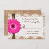 Rustic Burlap Lace Hot Pink Daisy Wedding RSVP (Voorkant / Achterkant)