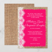 Rustic Burlap Lace Hot Pink Wedding Invitations Kaart (Voorkant / Achterkant)