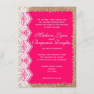 Rustic Burlap Lace Hot Pink Wedding Invitations Kaart