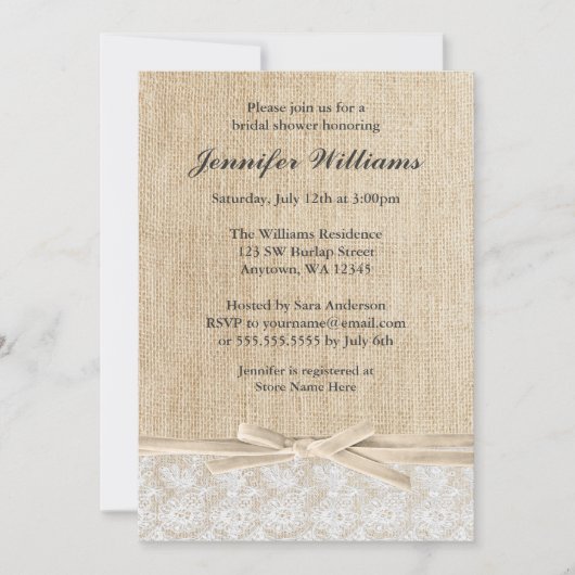 Rustic Burlap Lace Ivory Ribbon Vrijgezellenfeest Kaart (Voorkant)