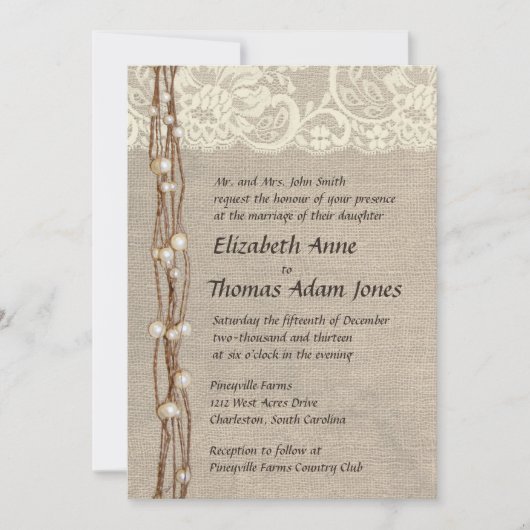 Rustic Burlap Lace Pearls Wedding Invitation Kaart (Voorkant)