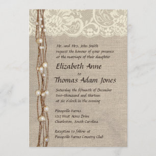Rustic Burlap Lace Pearls Wedding Invitation Kaart